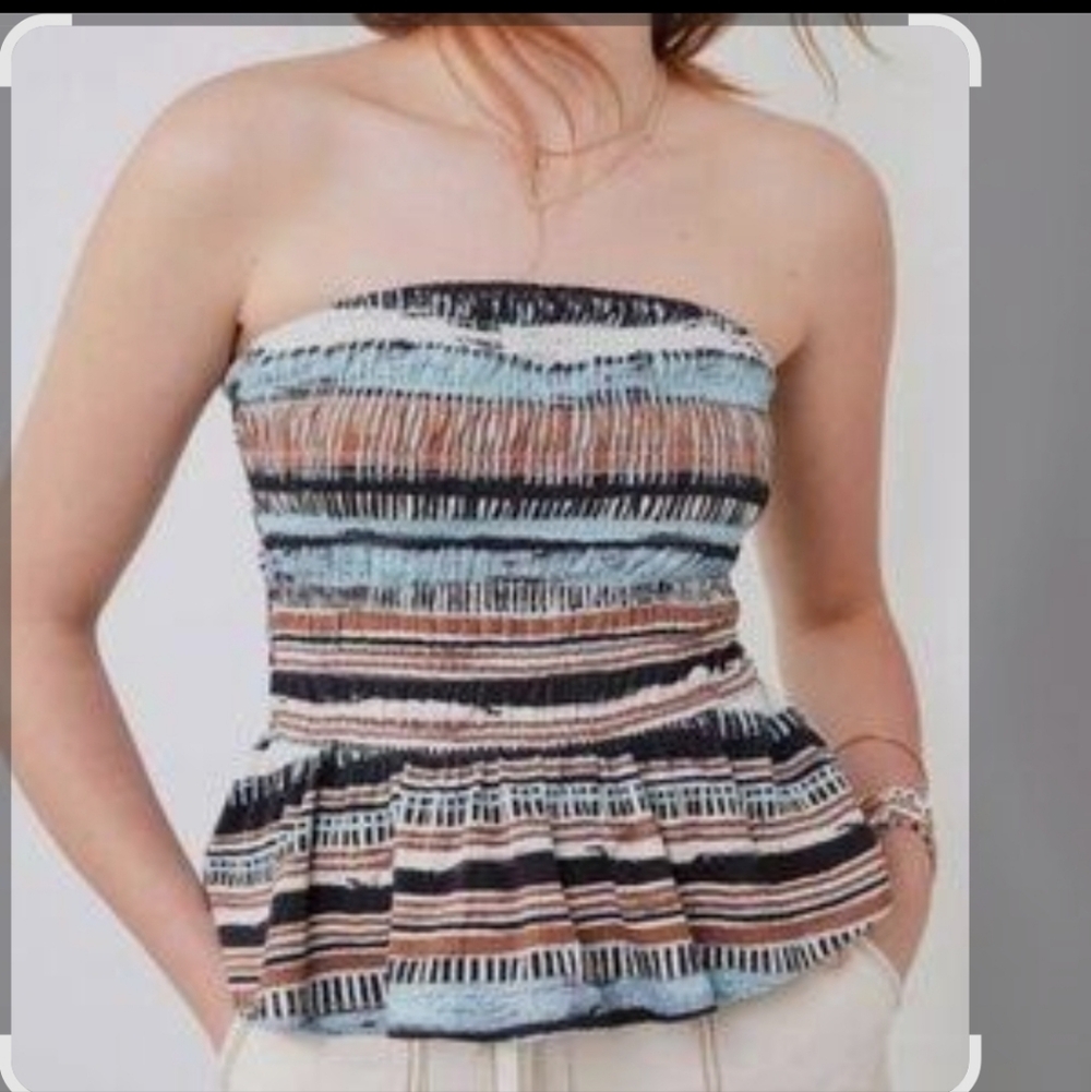 NWT. ANTHRO Porridge  Strapless Peplum Top in Black, Blue & Tan
